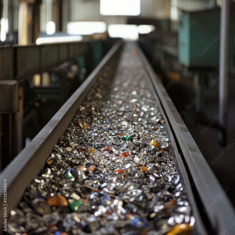 A conveyor belt filled with crushed glass ready for recycling in an industrial facility. A conveyor belt filled with crushed glass ready for recycling in an industrial facility.