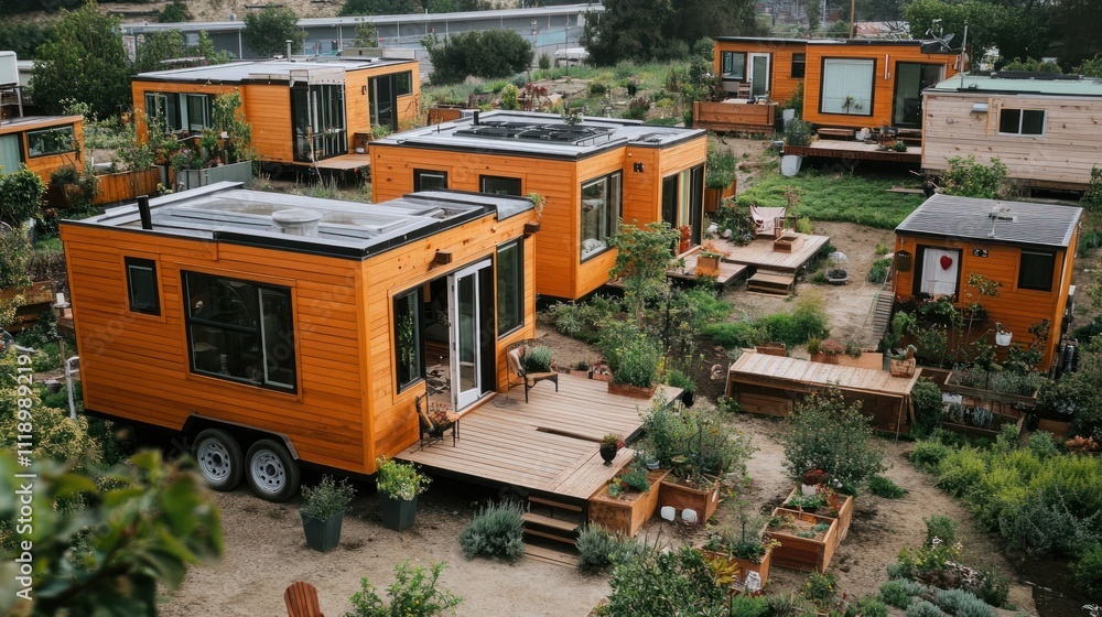 Aerial view of a community of tiny houses with gardens. Aerial view of a community of tiny houses with gardens.