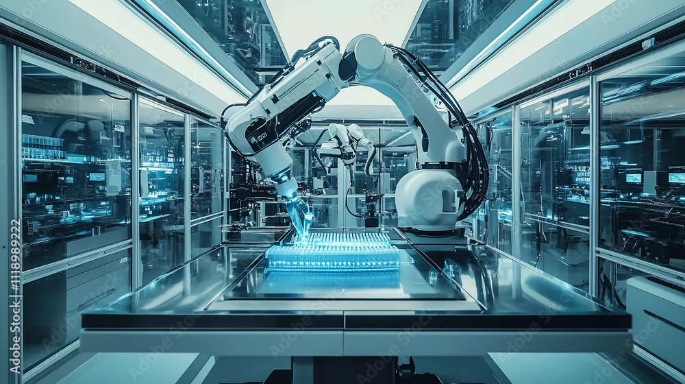 Robotic arm working in a high-tech industrial setting. Robotic arm working in a high-tech industrial setting.