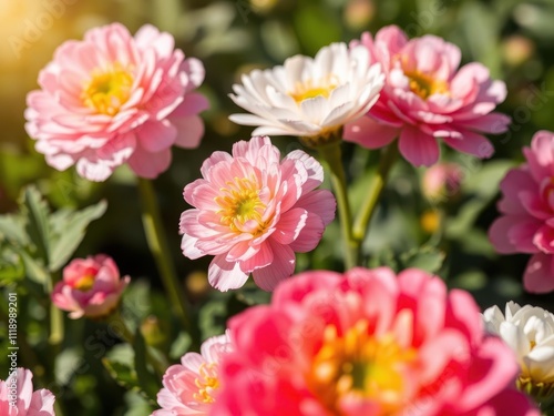 Close-up of beautiful pink and white ranunculus flowers blooming in a garden, close-up, botany