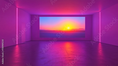 A vibrant room with a large screen displaying a sunset and purple lighting.