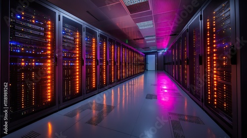 Futuristic server room visuals highlighting cybersecurity and energy efficiency