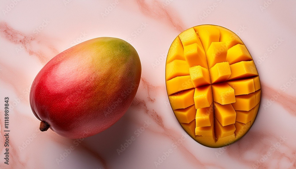 A whole mango and a sliced mango on a pink marble background. Sweet and juicy! A whole mango and a sliced mango on a pink marble background. Sweet and juicy!