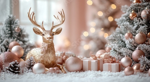 Minimalist Christmas Scene with Golden Deer Statue and Elegant Ornaments on Soft Pink Background photo