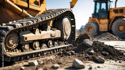 A bulldozer's tracks churn earth and rocks at a construction site. Earthmoving, or heavy machinery themes.