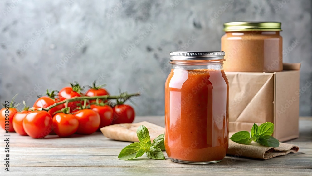 Tomato soup in a glass jar with mockup food delivery packaging, tomato, soup, glass jar, food delivery, packaging, mockup Tomato soup in a glass jar with mockup food delivery packaging, tomato, soup, glass jar, food delivery, packaging, mockup