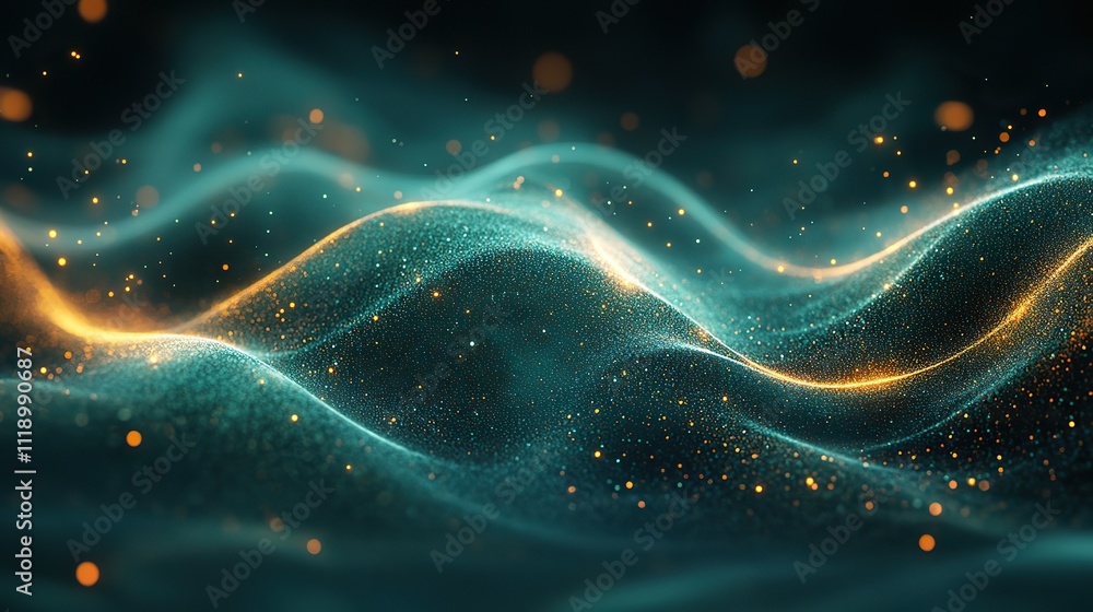 Fototapeta premium Glowing curved lines in dark blue and green tones, creating an abstract and futuristic design