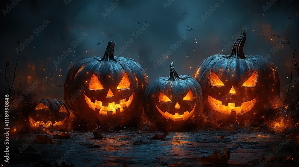Glowing Halloween pumpkins on a dark background with copy space, creating a spooky atmosphere for a banner or poster Glowing Halloween pumpkins on a dark background with copy space, creating a spooky atmosphere for a banner or poster