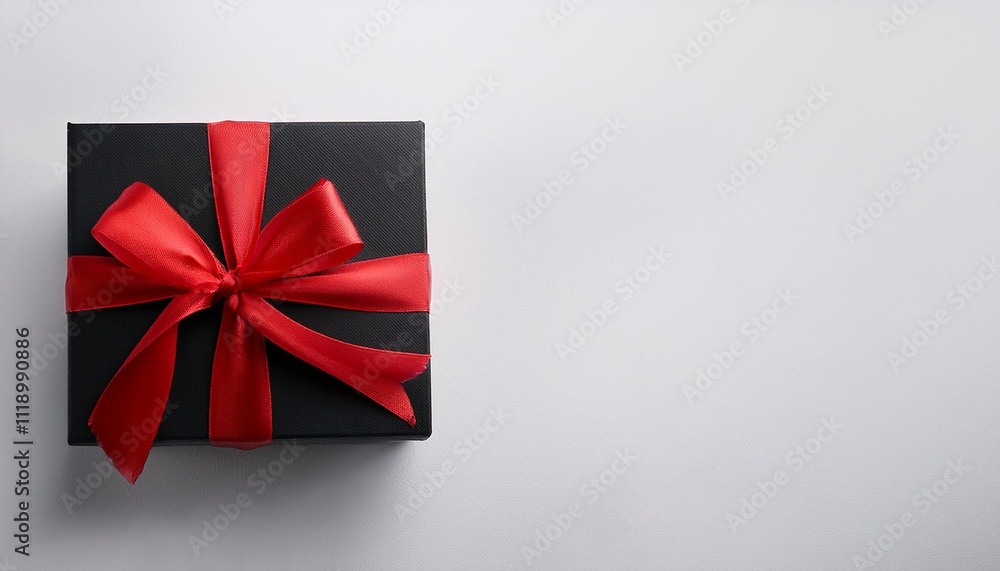 Black Gift Box with Red Ribbon on White Background. Top View of Anniversary Gifts with Copy Space Black Gift Box with Red Ribbon on White Background. Top View of Anniversary Gifts with Copy Space
