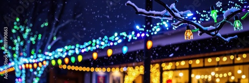 Glowing string of colorful Christmas lights hanging against a dark background, winter, electric, bright
