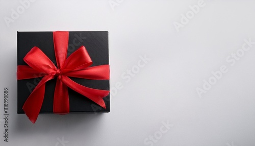 Black Gift Box with Red Ribbon on White Background. Top View of Anniversary Gifts with Copy Space