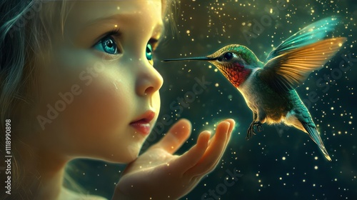 Surreal Fantasy Produces great detail of a little girl holding a honey bird that is about to land on her hand photo