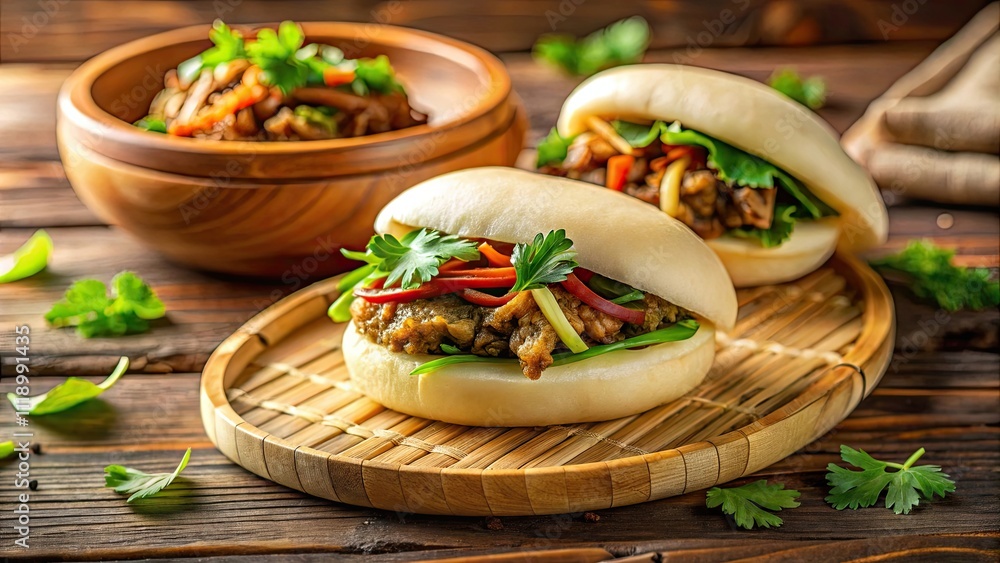 Delicious bao bun filled with savory roast duck , Chinese cuisine, food photography, gourmet, Asian food, delicious Delicious bao bun filled with savory roast duck , Chinese cuisine, food photography, gourmet, Asian food, delicious