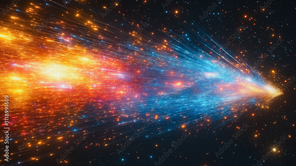 Obraz premium A colorful stream of light in the sky. The colors are red, blue, and yellow. The stream of light is long and narrow