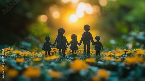 A family of five is standing in a field of yellow flowers. The children are holding hands, and the adults are standing close to them. Concept of togetherness and love among family members photo