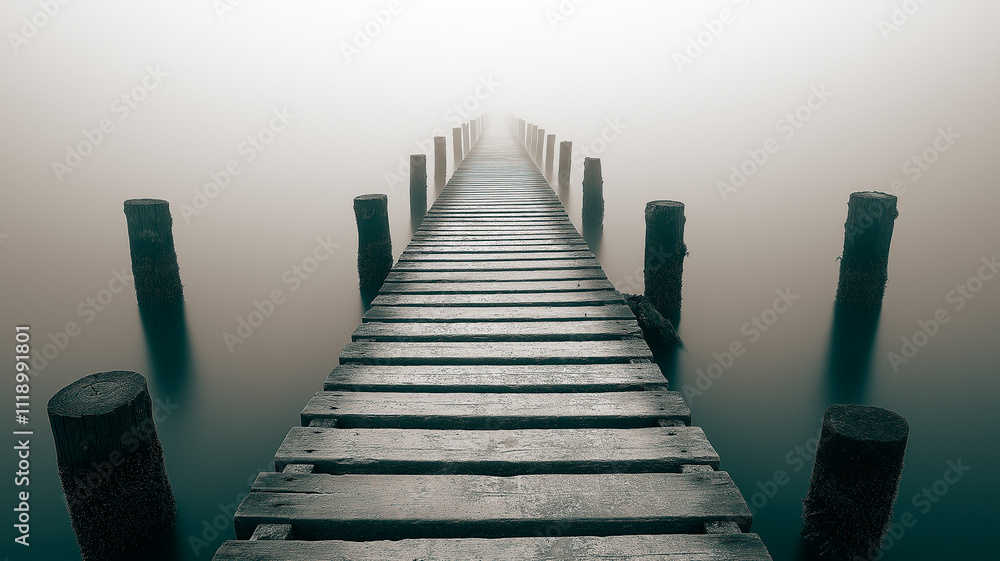 Obraz premium Wooden pier extending into calm water on a foggy day