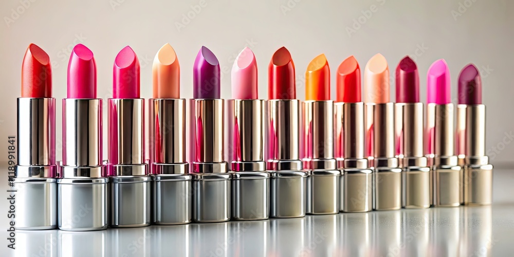 Lipstick in various colors displayed on a light background, makeup, beauty, cosmetics, lip product, lipstick tubes Lipstick in various colors displayed on a light background, makeup, beauty, cosmetics, lip product, lipstick tubes