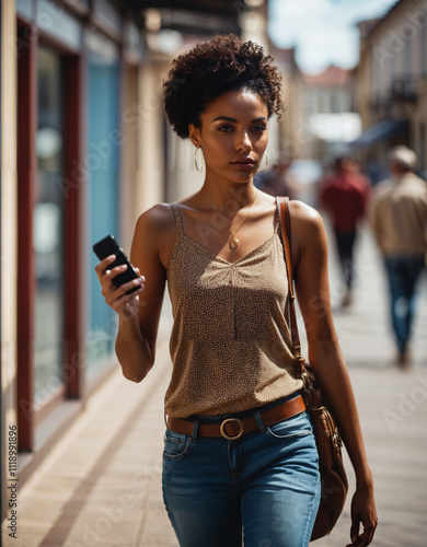 woman using phone while walking down town modern city street 