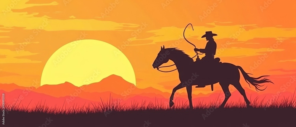 Naklejka premium silhouette of cowboy on horse with lasso in hand against sunset sky