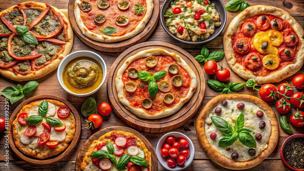 Delicious assortment of pizzas with a variety of savory sauces, pizza, food, cuisine, Italian, tomato, cheese, delicious Delicious assortment of pizzas with a variety of savory sauces, pizza, food, cuisine, Italian, tomato, cheese, delicious