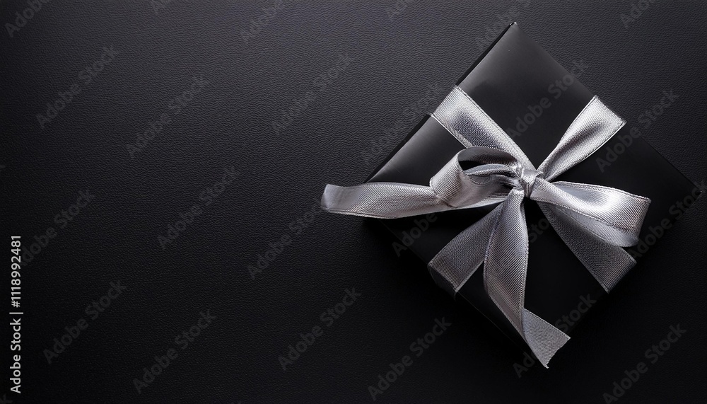 Black Gift Box with Silver Ribbon on Black Background. Top View of Graduation Gifts with Copy Space Black Gift Box with Silver Ribbon on Black Background. Top View of Graduation Gifts with Copy Space