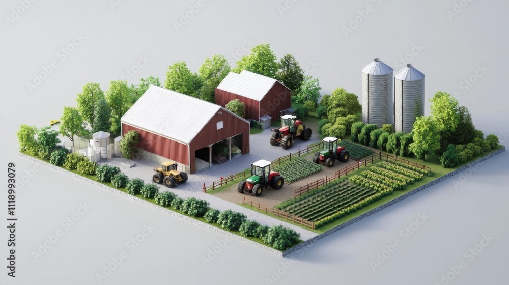 Farm scene: tractors, barns, crops, and silos on a sunny day. idyllic rural landscape. Farm scene: tractors, barns, crops, and silos on a sunny day. idyllic rural landscape.