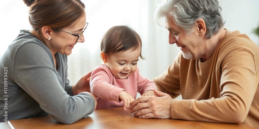 Naklejka premium Grandfather bonding with infant grandchild at table, sharing a joyful moment, grandparent, grandchild