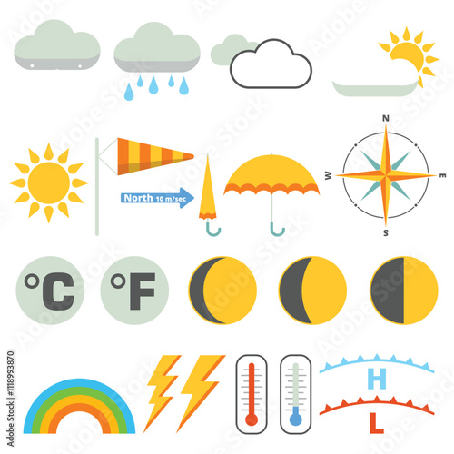 vector art design of weather forecast, application of science and technology to predict the conditions of the atmosphere based location and time, sunny, rainy, winter, summer, humidity, temperature