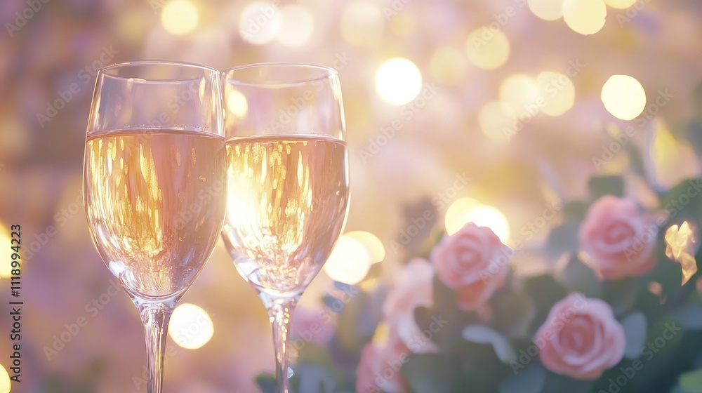 Two champagne flutes with pink roses and bokeh lights. Two champagne flutes with pink roses and bokeh lights.