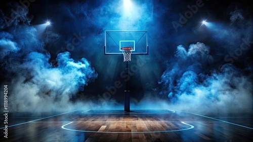 Dark and dramatic high school basketball court with blue smoke, hoop, and LED lights, high school