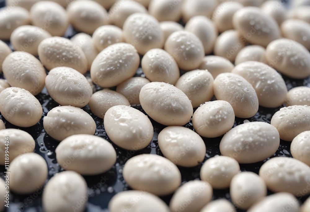 Macro image of white navy beans covered in water droplets, ingredient, cleansing, organic, water drops Macro image of white navy beans covered in water droplets, ingredient, cleansing, organic, water drops