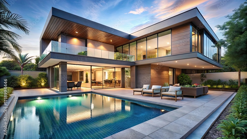 Modern luxury home featuring a sleek pool and spacious patio , upscale, contemporary, architecture Modern luxury home featuring a sleek pool and spacious patio , upscale, contemporary, architecture