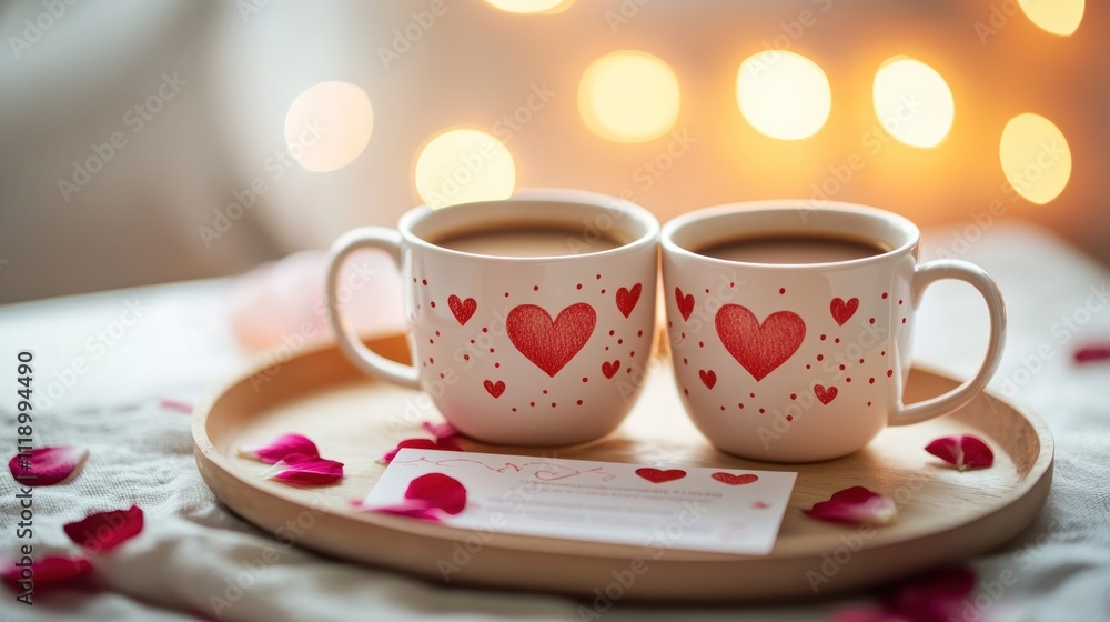 Two coffee mugs with heart designs, on a tray with rose petals and a love note, bokeh lights in background. Two coffee mugs with heart designs, on a tray with rose petals and a love note, bokeh lights in background.