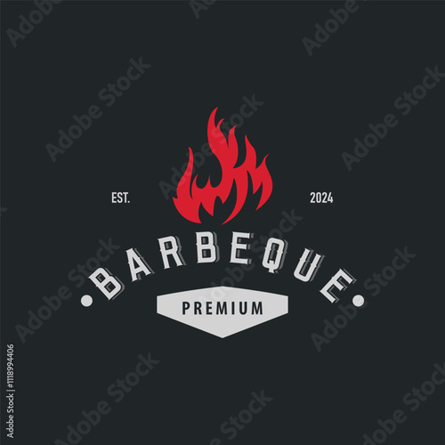 Illustration of a restaurant design with a vintage barbecue logo concept with the concept of a fire burning on a simple bbq hot grill