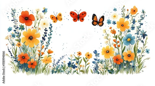 Hello June in cursive, decorated with charming cartoon flowers and butterflies on a white background