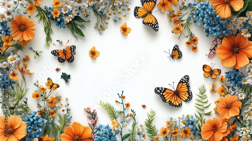 Hello June in cursive, decorated with charming cartoon flowers and butterflies on a white background
