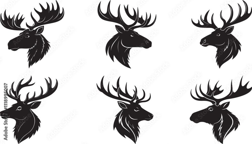 Obraz premium The animal of Moose Head silhouette vector illustration design, Icon and logo using black color
