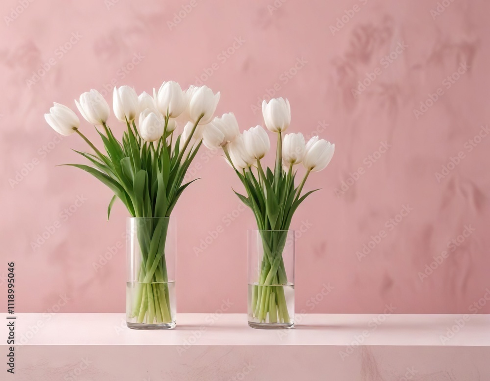 Minimalist spring arrangement featuring white tulips on a light pink surface, soft, decor, romantic Minimalist spring arrangement featuring white tulips on a light pink surface, soft, decor, romantic