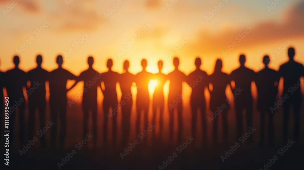 Fototapeta premium Silhouetted figures stand together against a vibrant sunset, symbolizing unity, connection, and shared experiences.