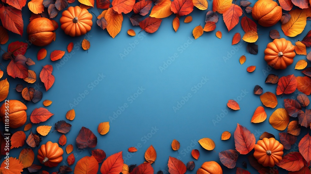 Hello October text with pumpkins and leaves on a blue background, banner for the Halloween season