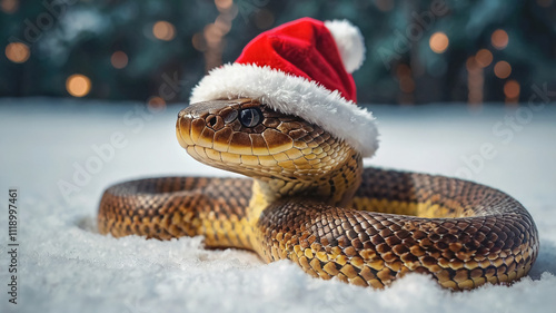 A cute snake in a Santa Claus costume on the beautiful background