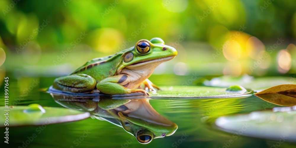 Green frog resting on a leaf in a pond surrounded by water and wildlife, frog, green, nature, pond, leaf, wildlife Green frog resting on a leaf in a pond surrounded by water and wildlife, frog, green, nature, pond, leaf, wildlife