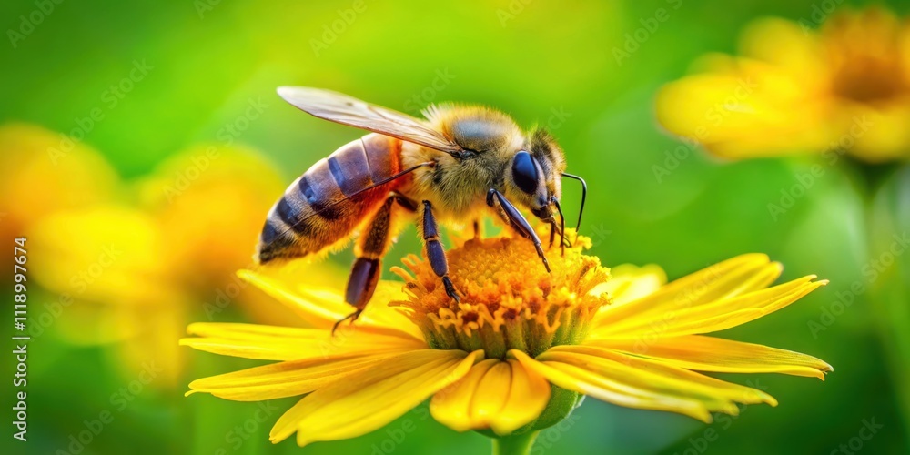Honey bee collecting nectar on a vibrant yellow flower against a lush green background, honey bee, yellow flower Honey bee collecting nectar on a vibrant yellow flower against a lush green background, honey bee, yellow flower