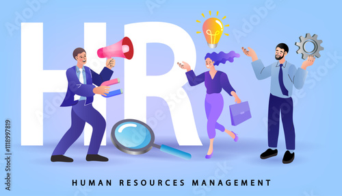 Human Resources Management concept. An HR team with a megaphone, lightbulb, and gear, symbolizing recruitment, talent development, and operations. Vector for business.
