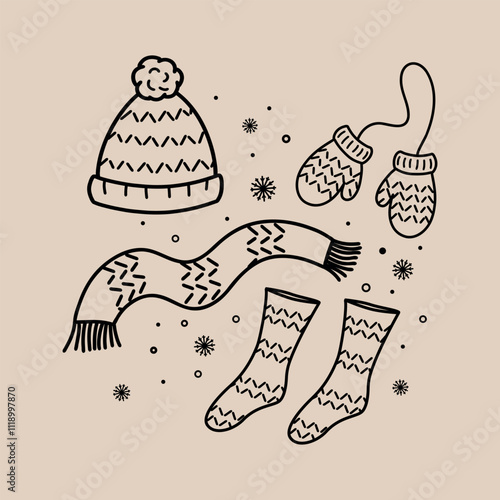 Vector set of winter clothes. Hat, scarf, socks