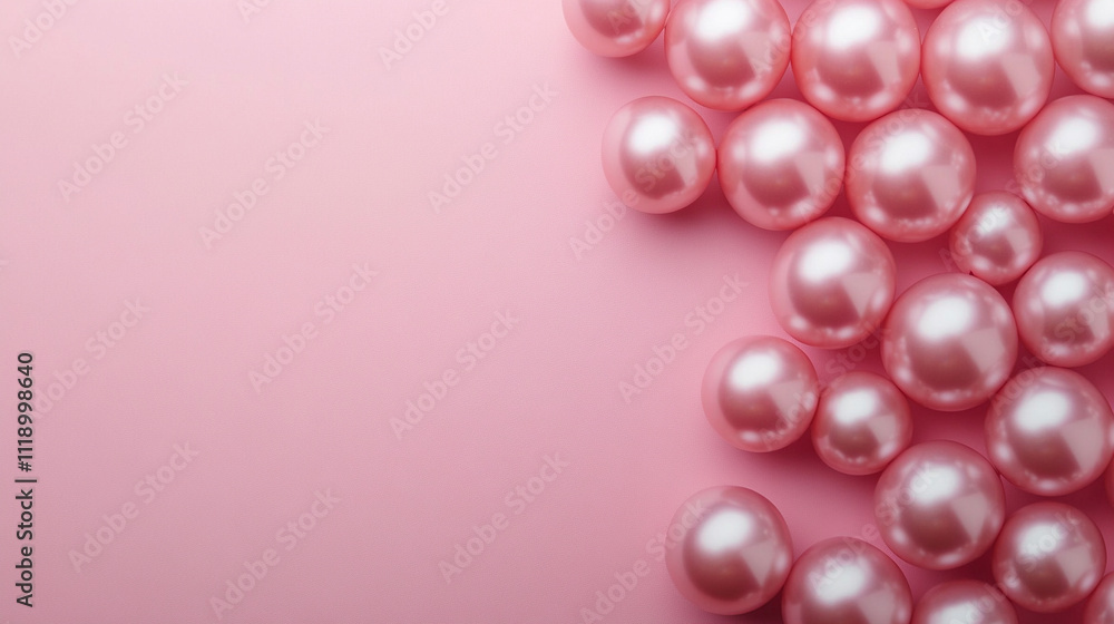 Fototapeta premium Soft and elegant pink pearls scattered on a smooth surface with a top-down view evoking feelings of luxury, femininity, and tranquility
