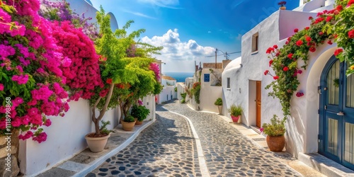 Fototapeta Naklejka Na Ścianę i Meble -  Beautiful cobblestone street lined with white buildings and vibrant flowers in Santorini, Greece, Santorini, Greece