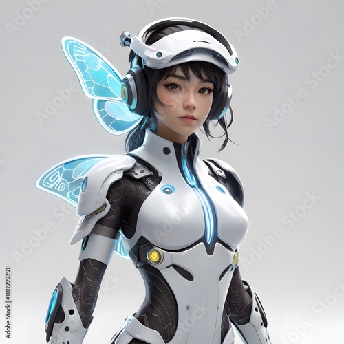 Stunning Cyberpunk Anime Girl with Butterfly Wings Futuristic Armor Digital Art photo