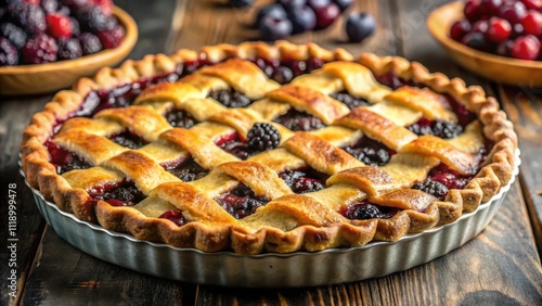Closeup of a freshly baked blackberry pie with a golden crust and bubbling fruit filling, blackberry, pie, dessert, baking