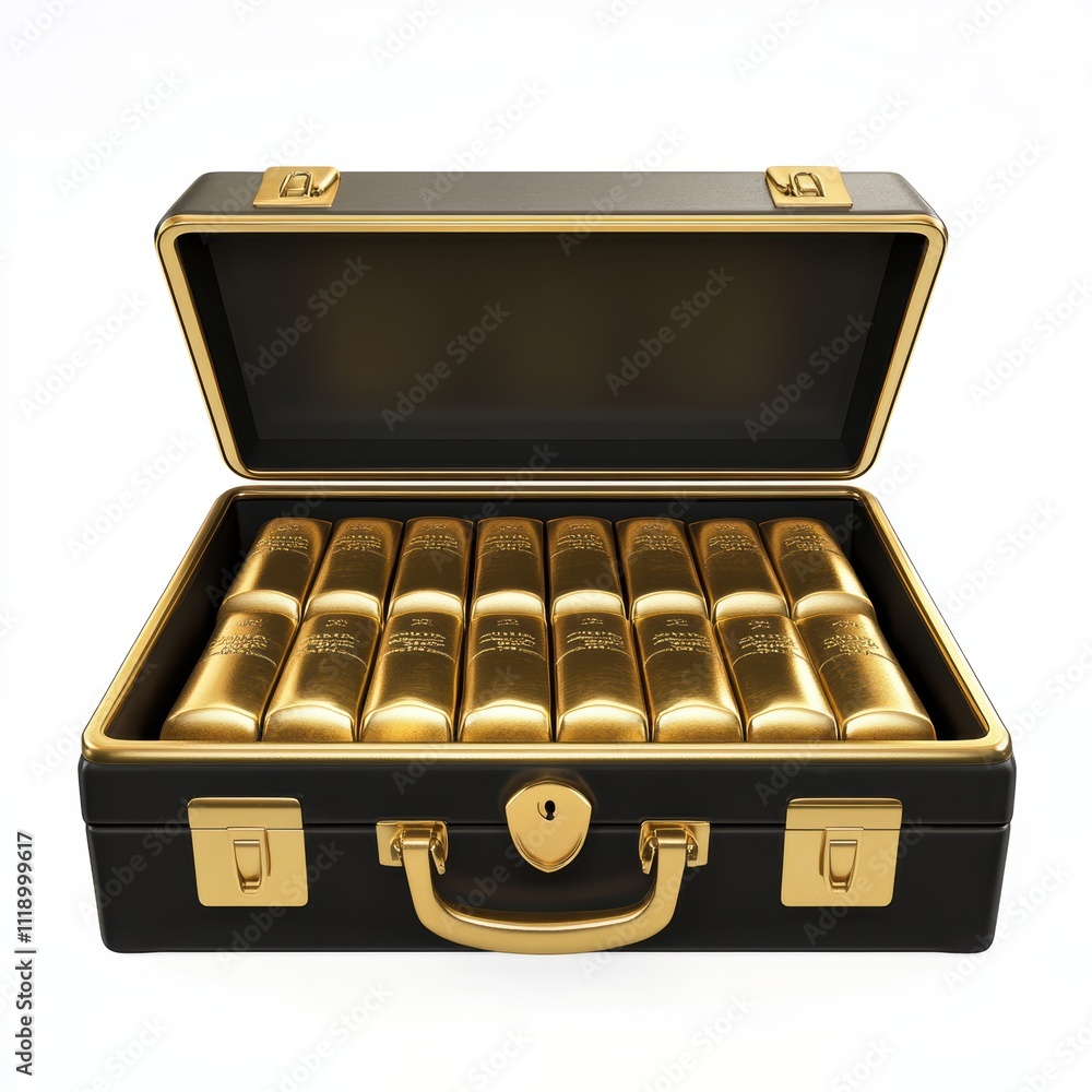 A briefcase filled with gold bars, isolated on white background, representing wealth and security, ideal for financial campaigns, luxury branding, cinematic visuals A briefcase filled with gold bars, isolated on white background, representing wealth and security, ideal for financial campaigns, luxury branding, cinematic visuals